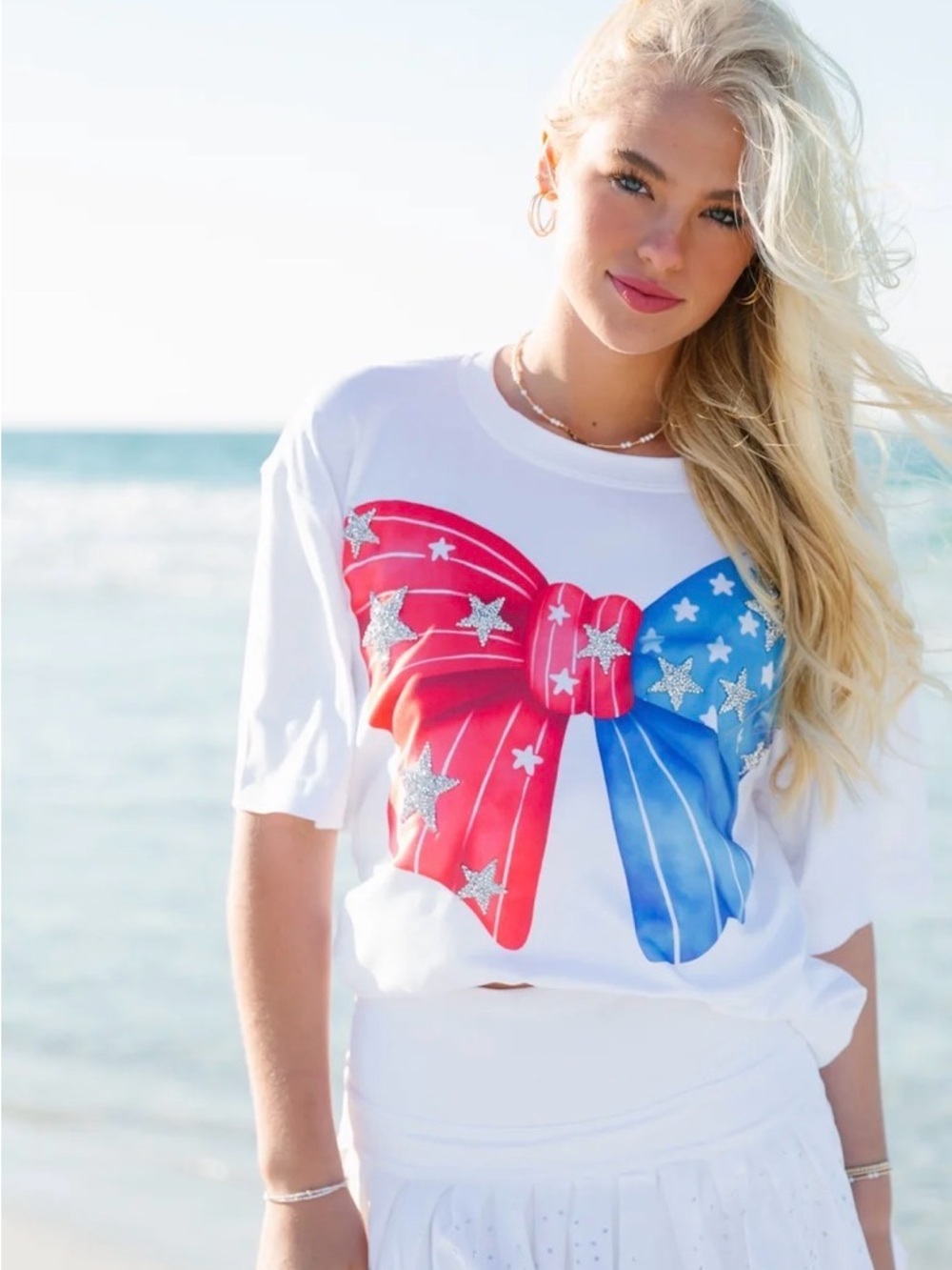 Judith March White Women’s Short Sleeve Tee with Red & Blue Star Bow